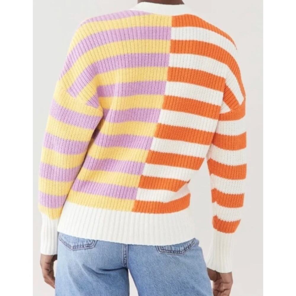 STAUD Essex Cardigan Cabana Stripe Orange Yellow Cream Purple Multi Large V-neck - Picture 13 of 16